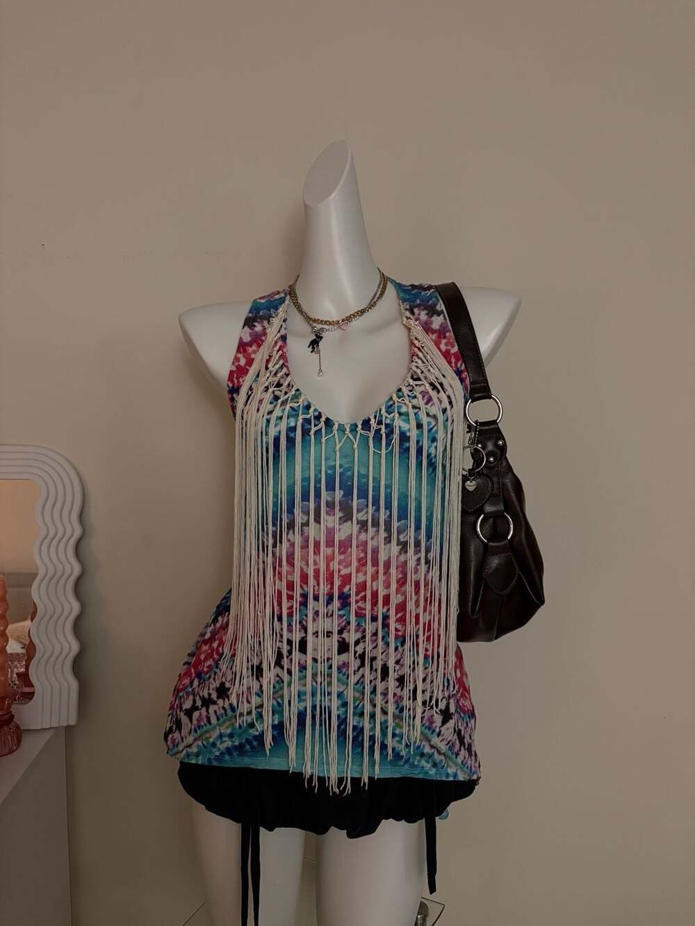 bebe Women's Tie-Dye Macramé Fringe Racerback Tank Top